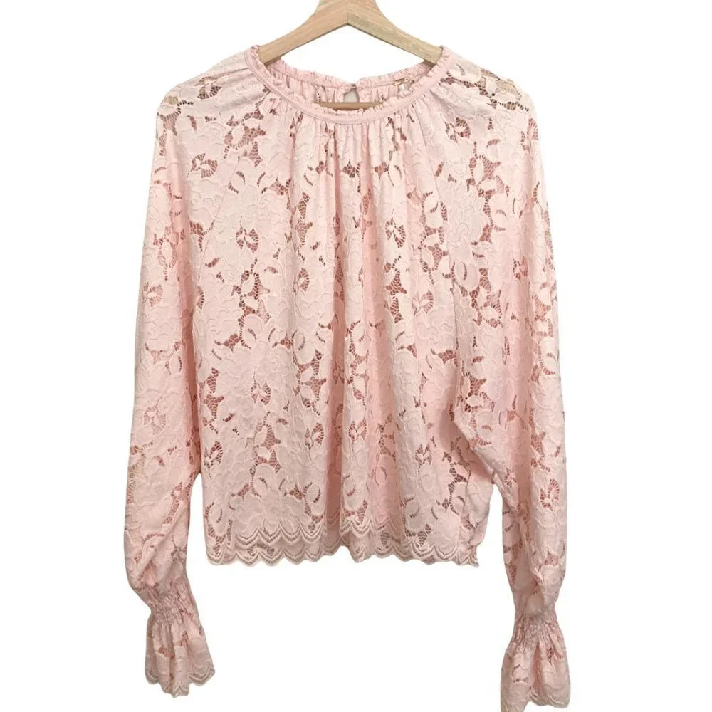 FREE PEOPLE Olivia Lace Top w/Dolman Balloon Poet Sleeves Pink Blush
